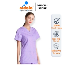 Bộ áo quần Scrubs Nidala cổ tim màu tím bác sĩ, phòng khám, phòng mổ, đồng phục spa, thẩm mỹ viện cao cấp