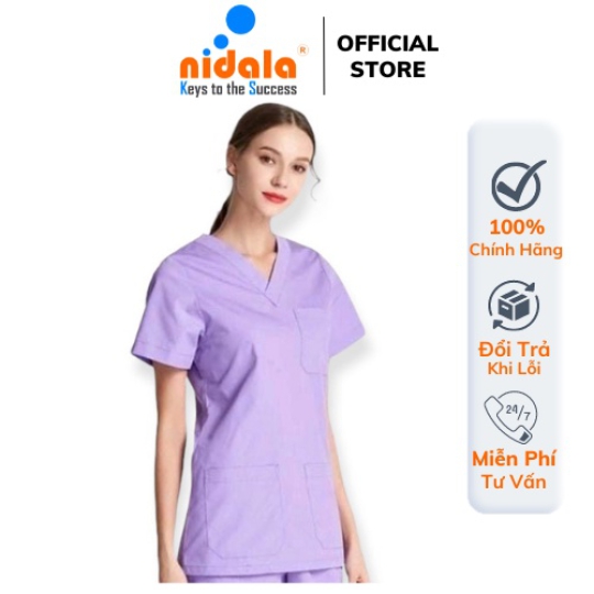 Bộ Scrubs cổ V cao cấp trắng, xanh, tím NIDALA đồng phục spa, thẩm mỹ viện ,phòng khám, phòng mổ, nha khoa (In miễn phí)