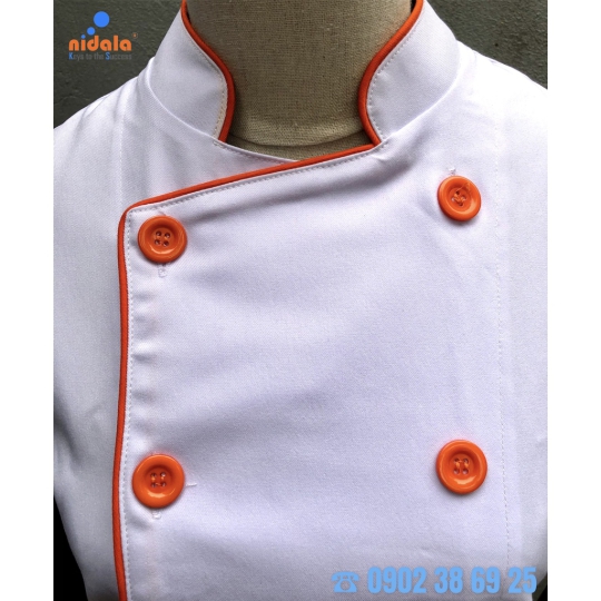Áo bếp Nam Nữ trắng phối cam vải Kaki dày dặn, đẹp tay ngắn