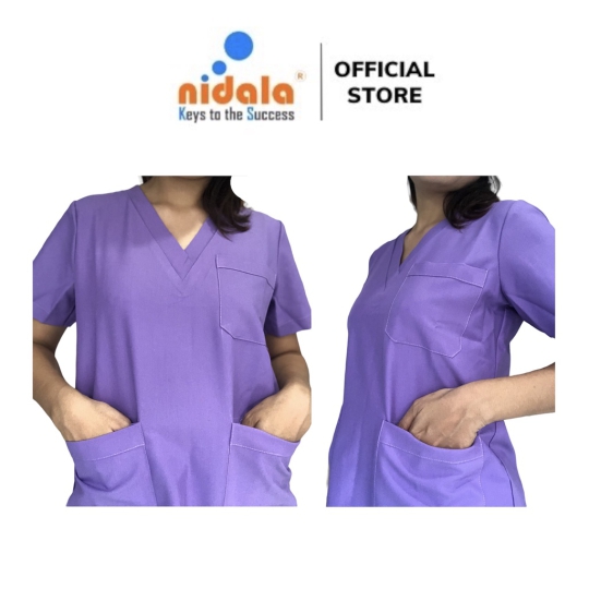 Bộ áo quần Scrubs Nidala cổ tim màu tím bác sĩ, phòng khám, phòng mổ, đồng phục spa, thẩm mỹ viện cao cấp