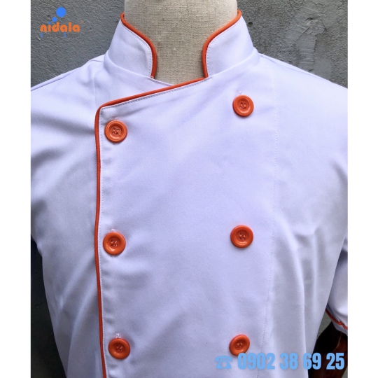 Áo bếp Nam Nữ trắng phối cam vải Kaki dày dặn, đẹp tay ngắn