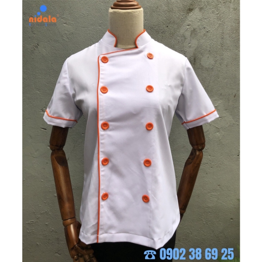 Áo bếp Nam Nữ trắng phối cam vải Kaki dày dặn, đẹp tay ngắn