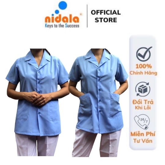 Áo điều dưỡng Nữ tay ngắn, thân lở qua mông màu xanh Nidala chất liệu Kate silk, đường may đẹp, tỉ mỉ